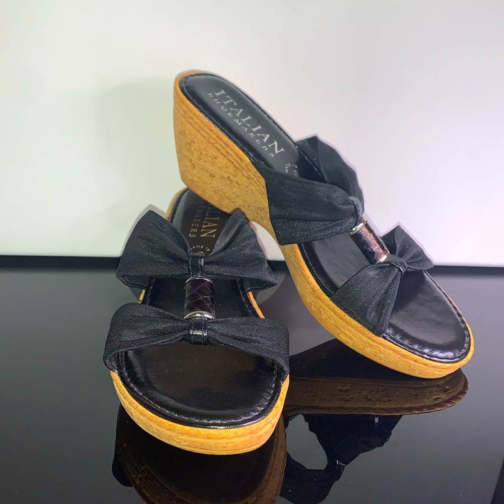 Italian Shoemakers Black Fabric and Tan Faux Cork Wedge Sandals Women’s Size 6.5